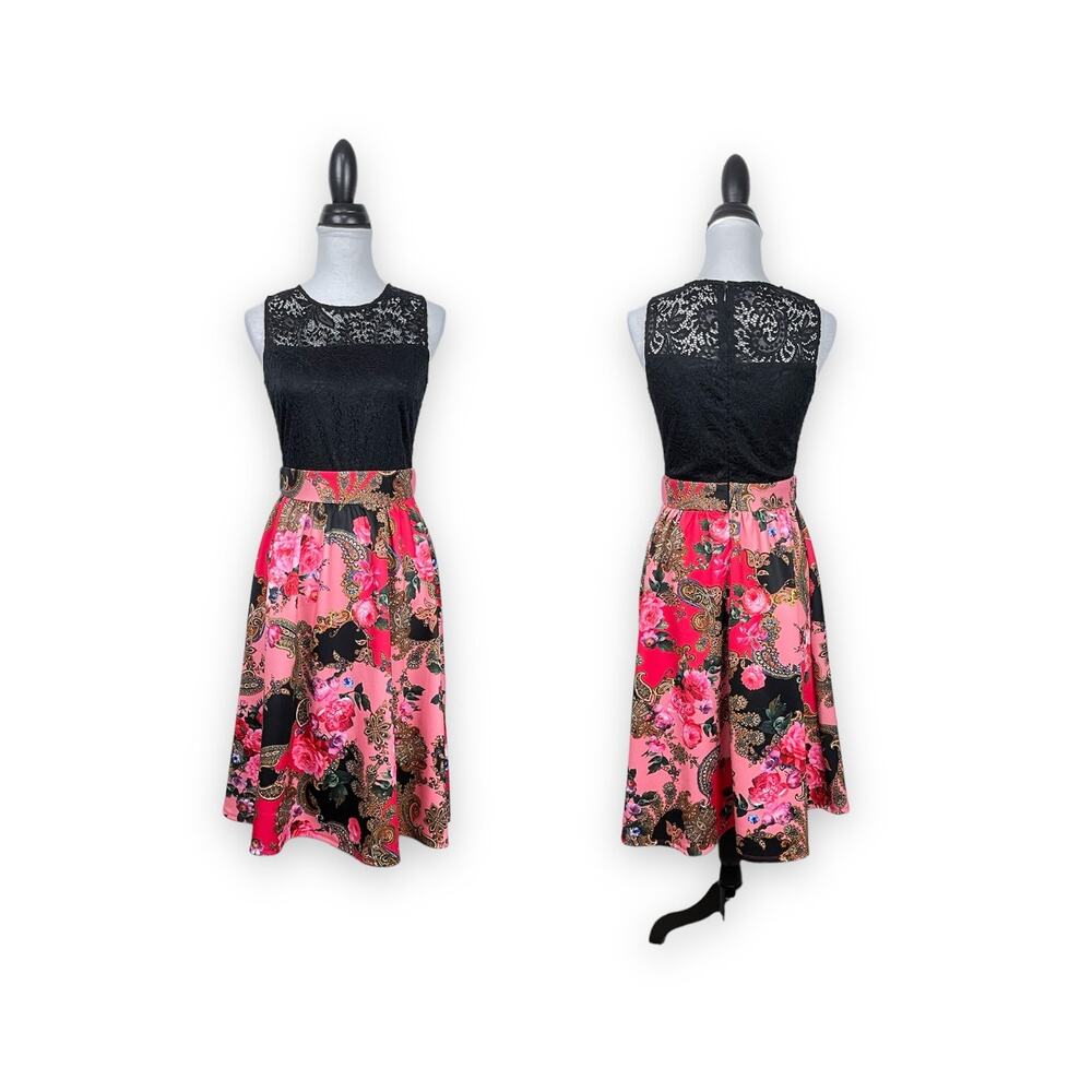 Alexia Admor | Black Lace Bodice Pink Floral Paisley Scuba Skirt Dress